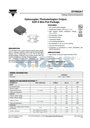 SFH692AT_08 datasheet - Optocoupler, Photodarlington Output, SOP-4 Mini-Flat Package