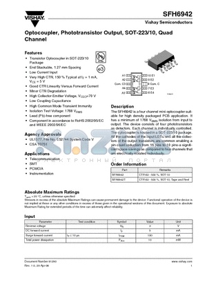 SFH6942T datasheet - Optocoupler, Phototransistor Output, SOT-223/10, Quad Channel