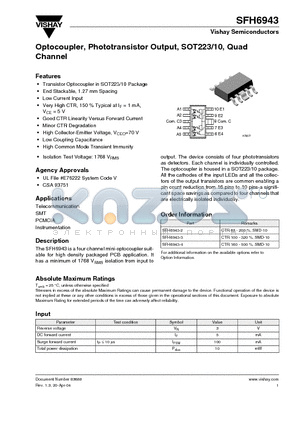 SFH6943 datasheet - Optocoupler, Phototransistor Output, SOT223/10, Quad Channel