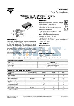 SFH6943A-3 datasheet - Optocoupler, Phototransistor Output, SOT-223/10, Quad Channel