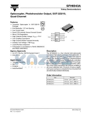 SFH6943A-4 datasheet - Optocoupler, Phototransistor Output, SOT-223/10, Quad Channel