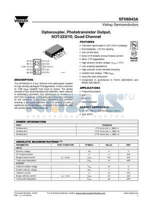 SFH6943A_08 datasheet - Optocoupler, Phototransistor Output, SOT-223/10, Quad Channel