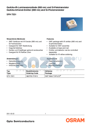 SFH7221 datasheet - GaAlAs-IR-Lumineszenzdiode (880 nm) und Si-Fototransistor