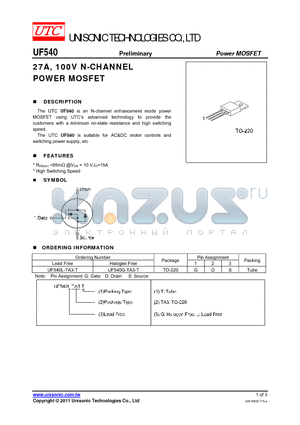 UF540G-TA3-T datasheet - 27A, 100V N-CHANNEL POWER MOSFET