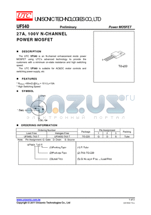 UF540L-TA3-T datasheet - 27A, 100V N-CHANNEL POWER MOSFET
