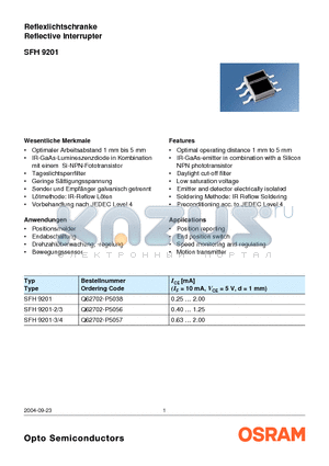 SFH9201 datasheet - Reflexlichtschranke Reflective Interrupter