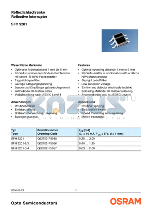SFH9201-2/3 datasheet - Reflexlichtschranke Reflective Interrupter