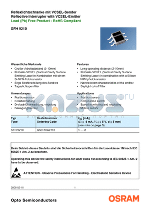 SFH9210 datasheet - Reflexlichtschranke mit VCSEL-Sender Reflective Interrupter with VCSEL-Emitter