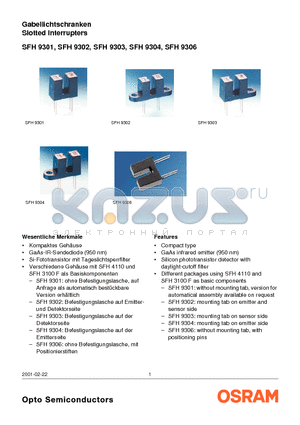 SFH9302 datasheet - Gabellichtschranken Slotted Interrupters