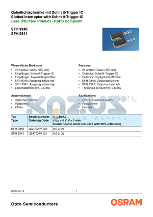 SFH9340 datasheet - Gabellichtschranke mit Schmitt-Trigger IC