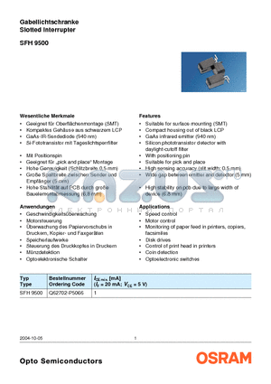 SFH9500 datasheet - Gabellichtschranke Slotted Interrupter