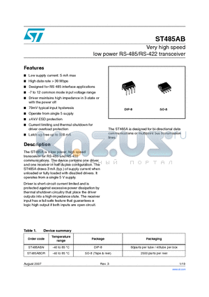 ST485AB datasheet - Very high speed low power RS-485/RS-422 transceiver