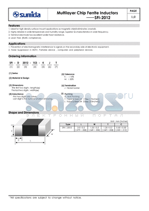 SFI-C2012-103 datasheet - Multilayer Chip Ferrite Inductors