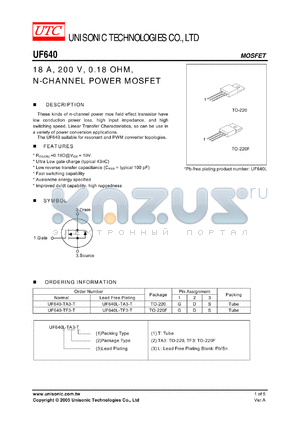 UF640-TA3-T datasheet - 18 A, 200 V, 0.18 OHM, N-CHANNEL POWER MOSFET