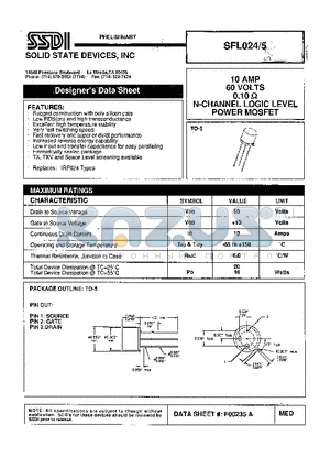 SFL024-5 datasheet - 10 AMP  60 Volts 0.10 ohm N-Channel LOGIC LEVEL Power MOSFET