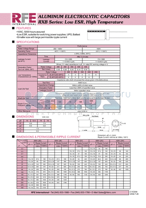 RXB datasheet - ALUMINUM ELECTROLYTIC CAPACITORS RXB Series: Low ESR, High Temperature