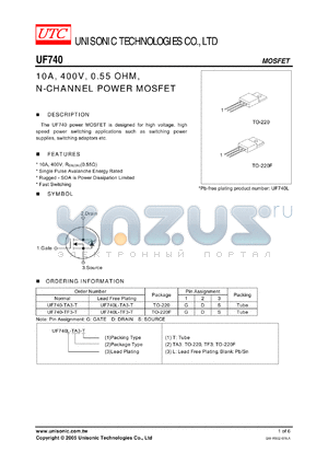 UF740-TA3-T datasheet - 10A, 400V, 0.55 OHM, N-CHANNEL POWER MOSFET