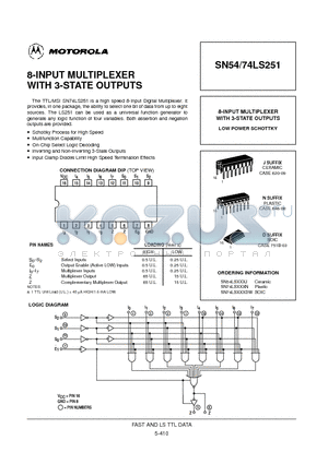 SN74LS251N datasheet - 8-INPUT MULTIPLEXER WITH 3-STATE OUTPUTS