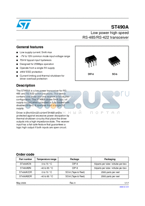 ST490ABDR datasheet - Low power high speed RS-485/RS-422 transceiver