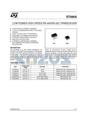 ST490ABD datasheet - LOW POWER HIGH SPEED RS-485/RS-422 TRANSCEIVER