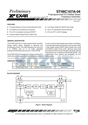 ST49C107A datasheet - Preprogrammed CPU Mother Board Frequency Generator