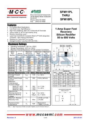 SFM15PL datasheet - 1 Amp Super Fast Recovery Silicon Rectifier 50 to 600 Volts