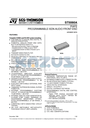 ST5080A datasheet - PIAFE PROGRAMMABLE ISDN AUDIO FRONT END