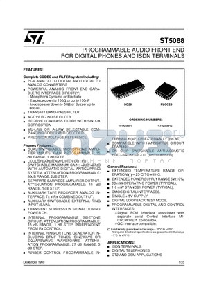 ST5088D datasheet - PROGRAMMABLE AUDIO FRONT END FOR DIGITAL PHONES AND ISDN TERMINALS