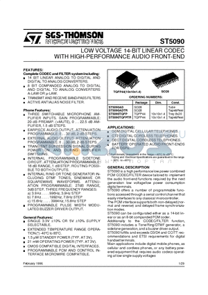 ST5090 datasheet - LOW VOLTAGE 14-BIT LINEAR CODEC WITH HIGH-PERFORMANCE AUDIO FRONT-END