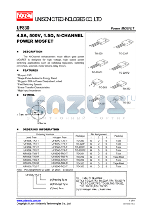 UF830G-T2Q-T datasheet - 4.5A, 500V, 1.5Y, N-CHANNEL POWER MOSFET