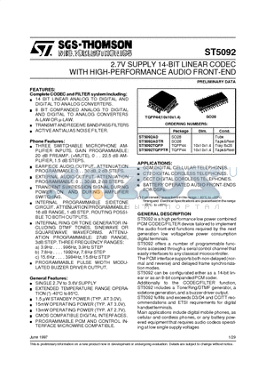 ST5092AD datasheet - 2.7V SUPPLY 14-BIT LINEAR CODEC WITH HIGH-PERFORMANCE AUDIO FRONT-END