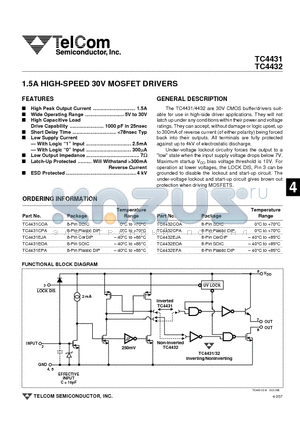 TC4431 datasheet - 1.5A HIGH-SPEED 30V MOSFET DRIVERS