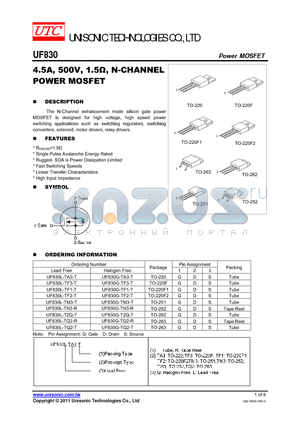 UF830L-TQ2-R datasheet - 4.5A, 500V, 1.5Y, N-CHANNEL POWER MOSFET