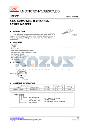 UF830ZG-TF3-T datasheet - 4.5A, 500V, 1.5Y, N-CHANNEL POWER MOSFET