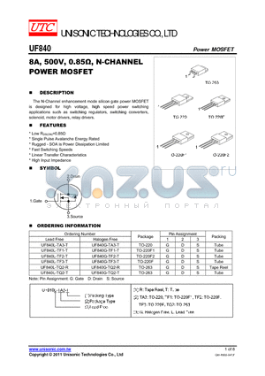 UF840G-TA3-T datasheet - 8A, 500V, 0.85Y, N-CHANNEL POWER MOSFET