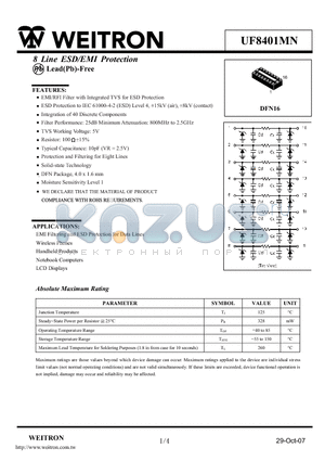 UF8401MN datasheet - 8 Line ESD/EMI Protection