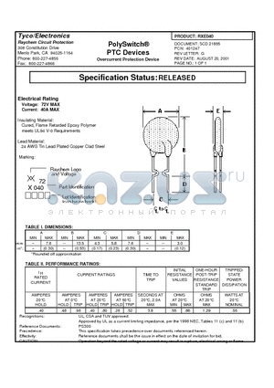 RXE040 datasheet - Poly Switch PTC DEVICES