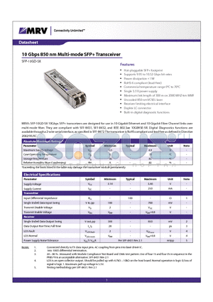 SFP-10GD-SX datasheet - 10 Gbps 850 nm Multi-mode SFP Transceiver