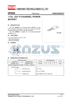 UF9Z34L-TA3-T datasheet - -17A, -55V P-CHANNEL POWER MOSFET