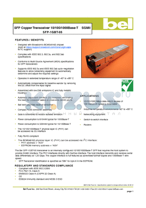 SFP-1GBT-05_12 datasheet - SFP Copper Transceiver 10/100/1000Base-T SGMII