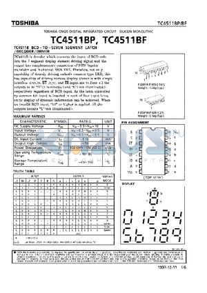 TC4511 datasheet - BCD-TO-SEVEN SEGEMENT LATCH/DECODER/DRIVER