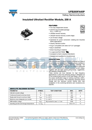 UFB200FA60P datasheet - Insulated Ultrafast Rectifier Module, 200 A