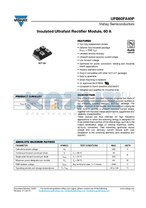 UFB60FA40P datasheet - Insulated Ultrafast Rectifier Module, 60 A