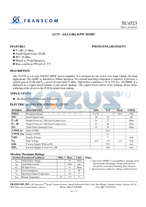 TC4523 datasheet - 13.75 - 14.5 GHz 0.5W MMIC