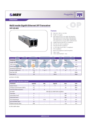 SFP-GD-MX datasheet - Multi-mode Gigabit Ethernet SFP Transceiver
