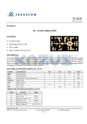 TC4820 datasheet - 30 - 36 GHz 24dBm MMIC