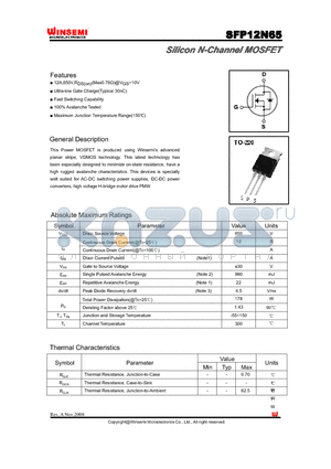 SFP12N65 datasheet - Silicon N-Channel MOSFET