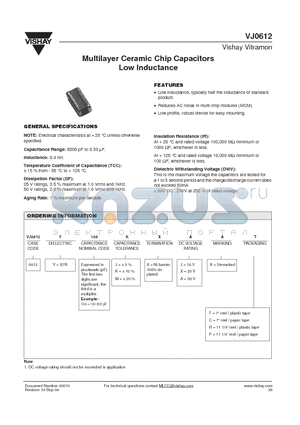 VJ0612 datasheet - Multilayer Ceramic Chip Capacitors LowInductance