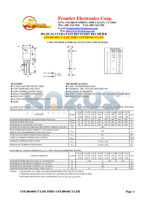 UFF200-005CT-LFR datasheet - 20A DUAL ULTRA FAST RECOVERY RECTIFIER