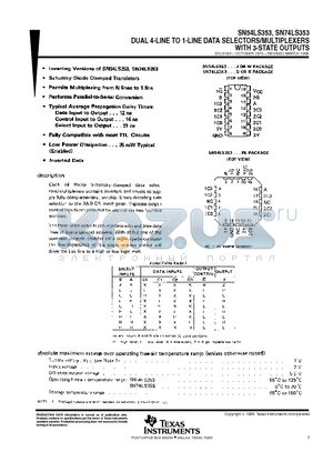 SN74LS353 datasheet - DUAL 4-LINE TO 1-LINE DATA SELECTORS/MULTIPLEXERS WITH 3-STATE OUTPUTS